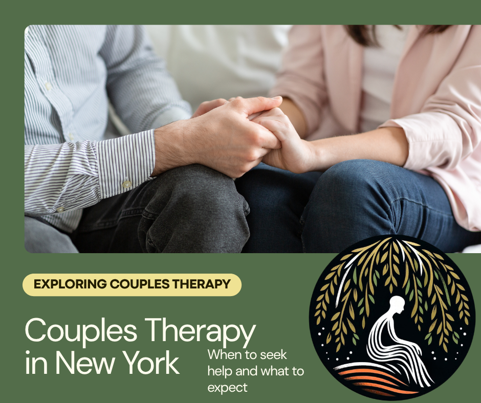 Couples counseling New York — couple holding hands during a therapy session