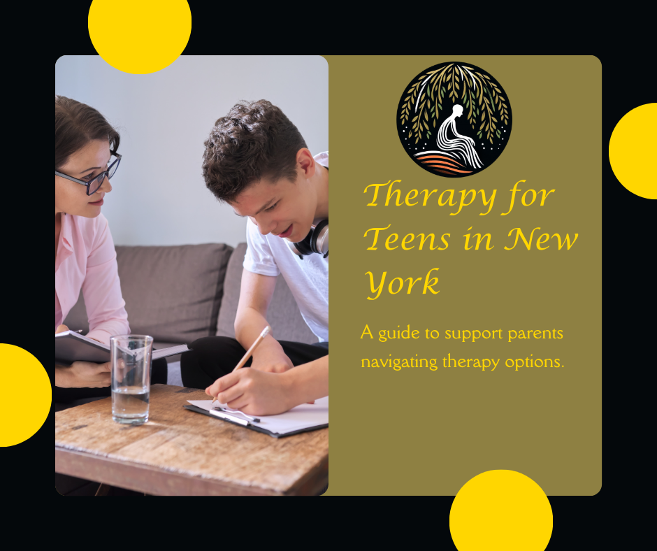 A therapist taking notes while sitting across from a teenage boy who is journaling on a coffee table during a therapy session — illustrating teen therapy in New York.